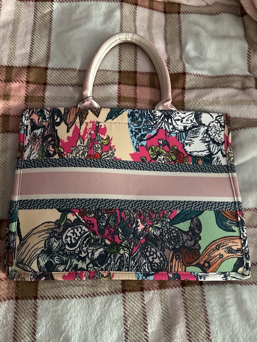 Floral Stripe Top-Handle Tote in Blush Pink